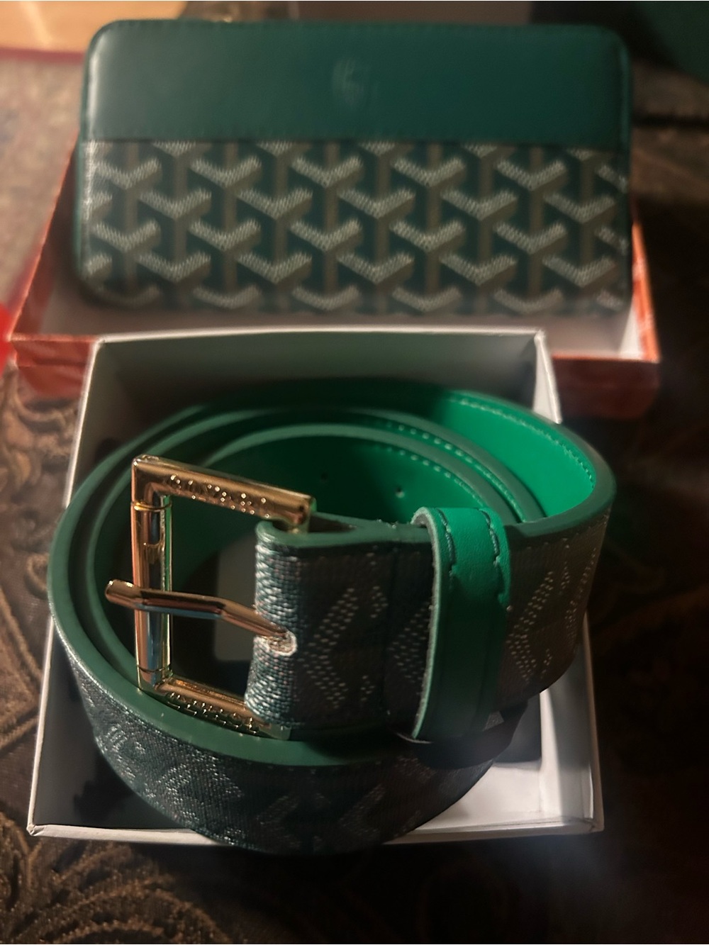 Source Unknown Green Patterned Belt with Gold Buckle